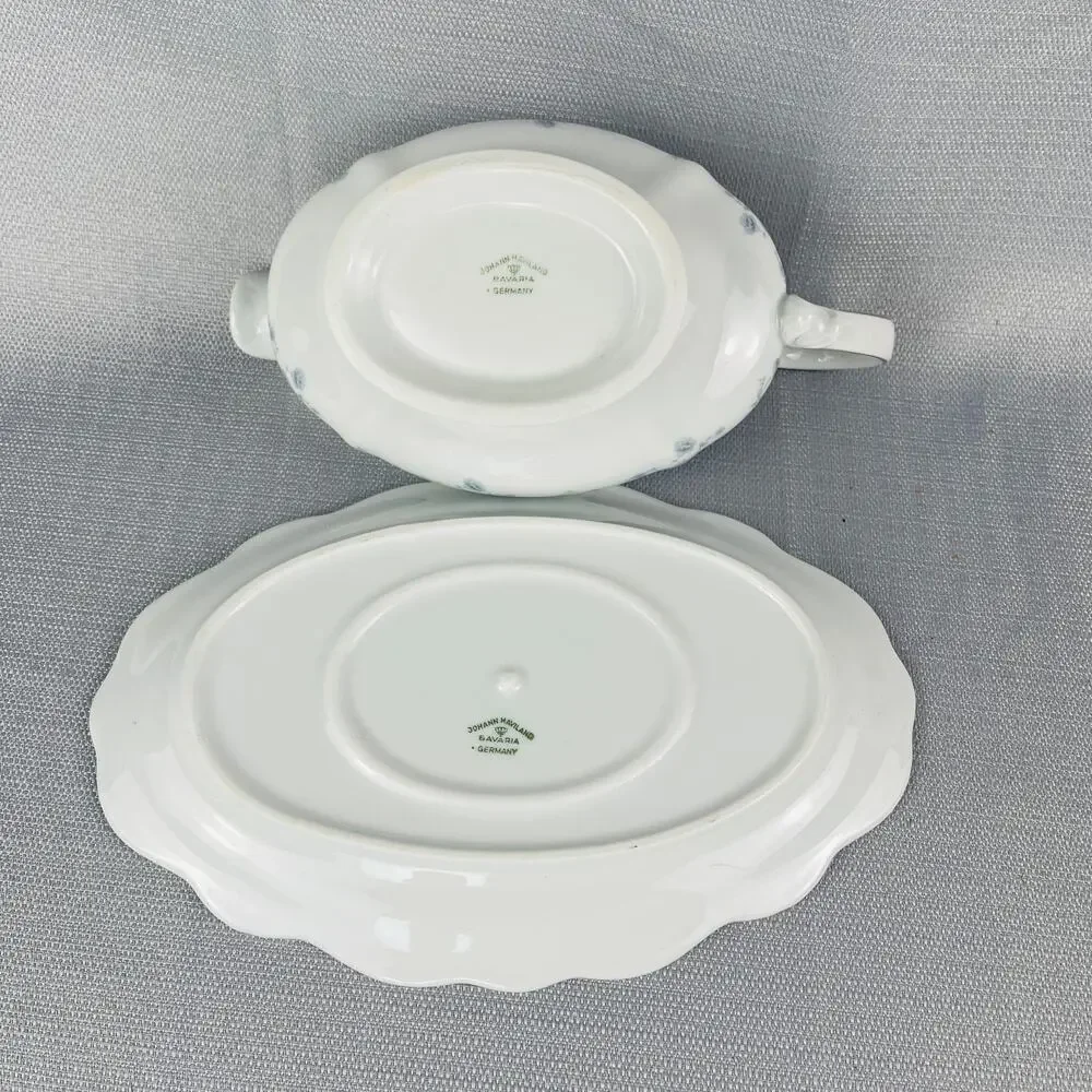 Johann Haviland Gravy Boat and Tray Blue Garland Pattern Bavaria Germany
